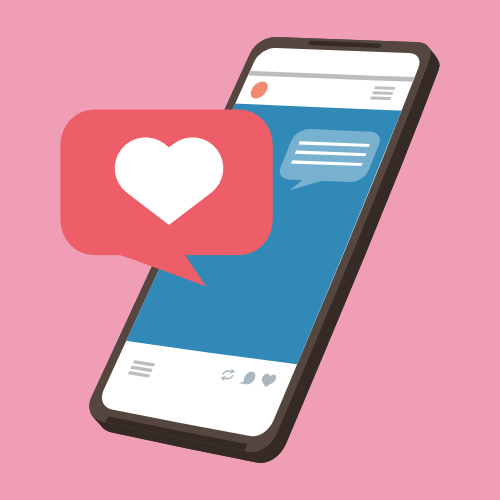 Illustration of phone with texts and heart icons